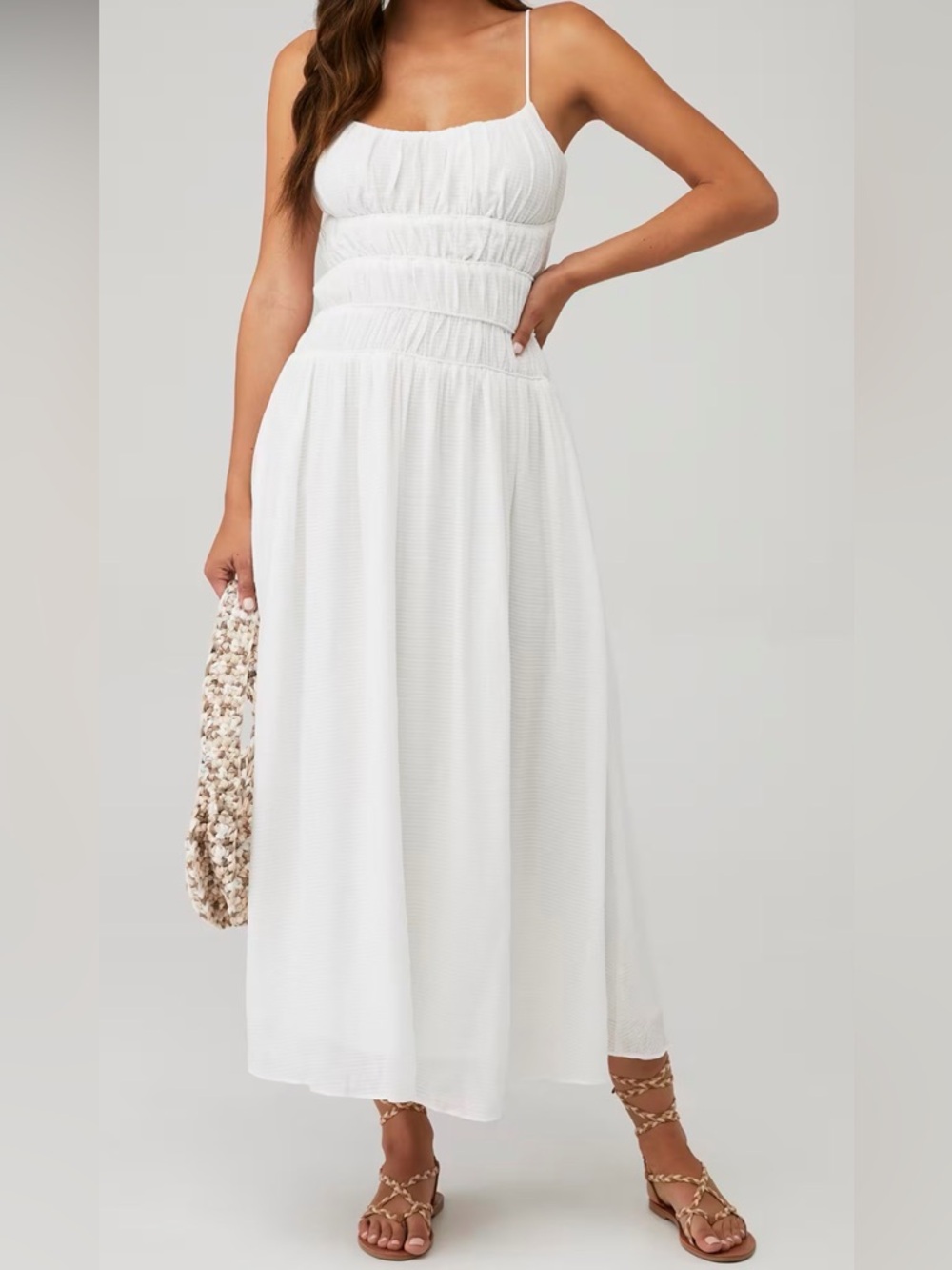 ASTR the Label Andrina Smocked Bodice Midi Dress in White